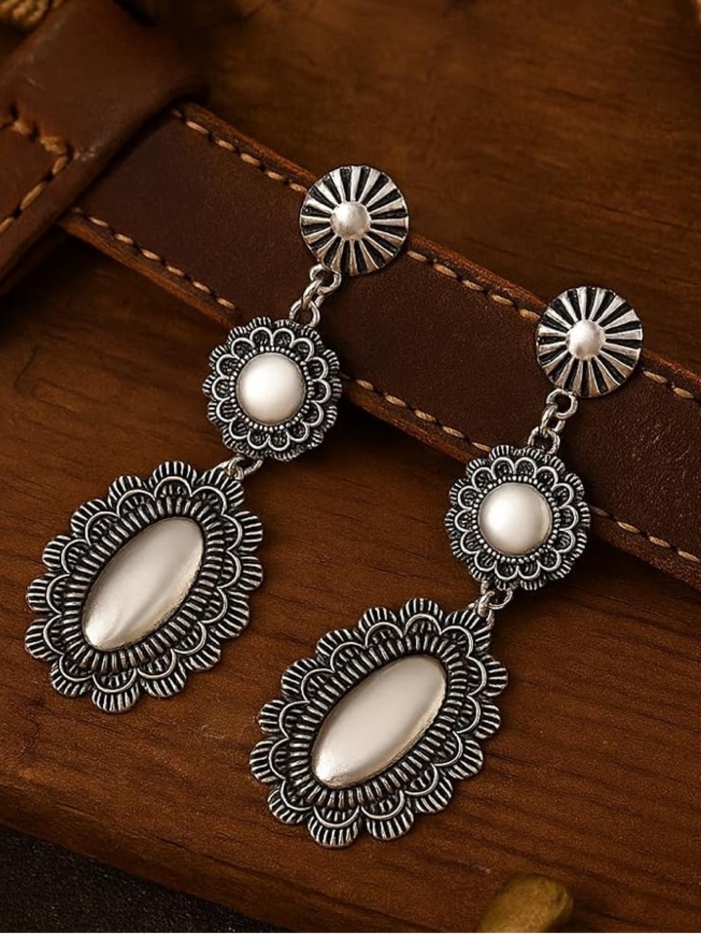 Anthropologie Silver Tiered Floral Medallion Drop Earrings - Picture 3 of 5